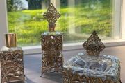 Vintage Ornate Glass and Filigree Metal Dressing Table Vanity Set, 3Piece