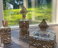 Vintage Ornate Glass and Filigree Metal Dressing Table Vanity Set, 3Piece