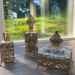 Vintage Ornate Glass and Filigree Metal Dressing Table Vanity Set, 3Piece