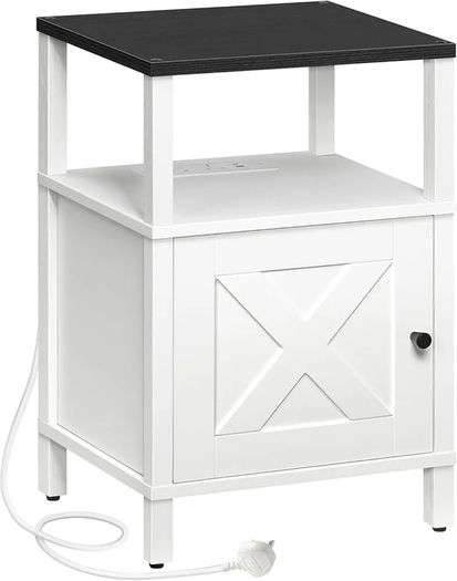 Beside Table with Charging Station, Side Table with Storage, Bedside Cabinet with USB Ports and Outlets, Wooden Nightstand for Bedroom, Living Room White and Black