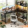 L Shaped Gaming Desk with Power Outlets & LED Lights, Small L- Shaped Computer Corner Desk with Monitor Stand & Storage Shelf, Gaming Table with Storage Bag, Black Image 4