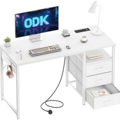 120cm Computer Desk with Drawers,Office 2 Sockets & USB Ports, Reversible PC Table with Storage, Study Table for Home & Bedroom, White