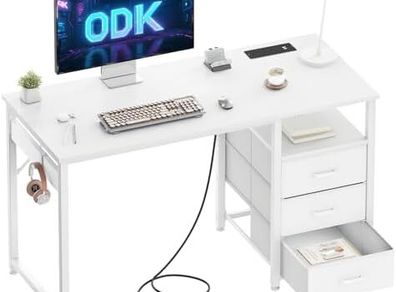 120cm Computer Desk with Drawers,Office 2 Sockets & USB Ports, Reversible PC Table with Storage, Study Table for Home & Bedroom, White