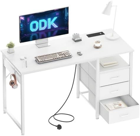 120cm Computer Desk with Drawers, Office Desk with 2 Sockets & USB Ports