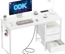 120cm Computer Desk with Drawers, Office Desk with 2 Sockets & USB Ports