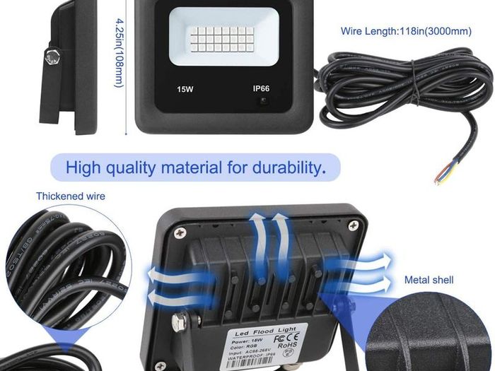 15W RGB LED Floodlight,IP66 Waterproof Outdoor Color Changing LED Security Light with Remote Control 16 Colors 4 Models Wall Washer Light with 3m Power Cord for Garden,Garage[Energy Class A++]