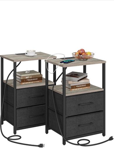 Bedside Table with Charging Station, Side Table with 2 USB Ports and Outlets, Nightstand with Cloth Drawer, Set of 2, End Table, Greige