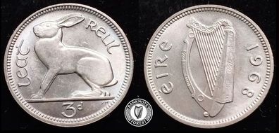 [#2443] - Ireland 1968 | Irish 3d | 3 Pence | Hare | KM.12a | UNC+