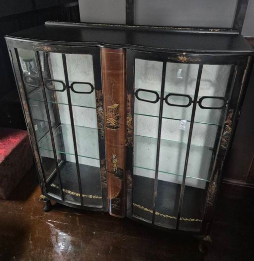 Vintage  Turnige Chinoiserie locking ebonised handpainted cabinet 3 tiers