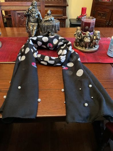 Samoon. FURTHER REDUCED.   Scarf In Black With White Polka Dots And A Littlle  Blue and Pink Also , With Decorative Pearls At The End