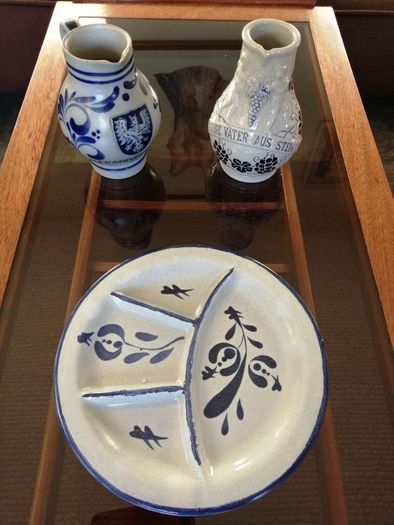 Set of Two Vintage German Salt Glazed stoneware Jugs and a French Fondue or Nibbles Plate.