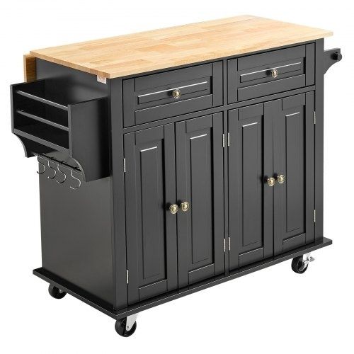 Kitchen Island Cart, 43" Wood Top Mobile Carts with Storage Cabinet, Rolling Table with Drop Leaf, Spice Rack, Towel Bar, Adjustable Shelf, Drawer, and Hooks, Portable Islands on Wheels, Black