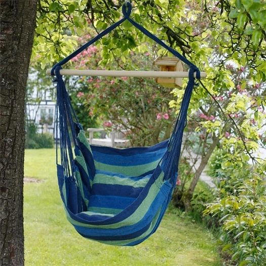 Hanging chair with frame and cushion blue / green cotton loadable up to 120 kg