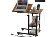 c shaped side table, sofa table with Charging Station, Adjustable Height, c table end table with Storage Space for Living Room, Bedroom, Small Space, Rustic Brown