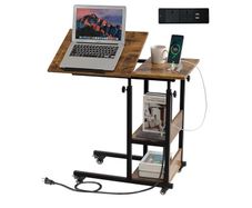 c shaped side table, sofa table with Charging Station, Adjustable Height, c table end table with Storage Space for Living Room, Bedroom, Small Space, Rustic Brown