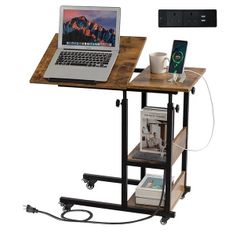 c shaped side table, sofa table with Charging Station, Adjustable Height, c table end table with Storage Space for Living Room, Bedroom, Small Space, Rustic Brown