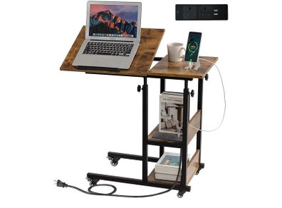 c shaped side table, sofa table with Charging Station, Adjustable Height, c table end table with Storage Space for Living Room, Bedroom, Small Space, Rustic Brown