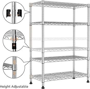 Height Adjustable Shelves,Heavy Duty Wire Pantry Shelving for Tool Sheds, Garage, and Storehouse,Metal,Chrome 4 tier,35 x 60 x 135.8 cm