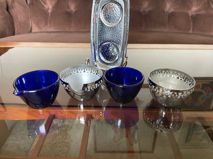 Vintage Silver Chromed Metal Cobalt Blue Glass Sugar and Creamer Set Serving Tray
