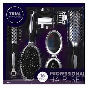Professional 16 Piece Hair Care Kit Gift Set features Curling Brush Paddle Brush Styling Brush Butterfly Clips a Compact Brush Mirror and Hair Bands