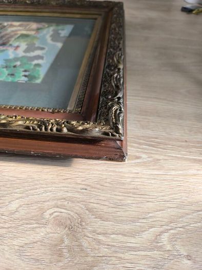Vintage Hand Stitched Needlepoint Tapestry in Ornate Frame wall art Le Digeonier cottage
