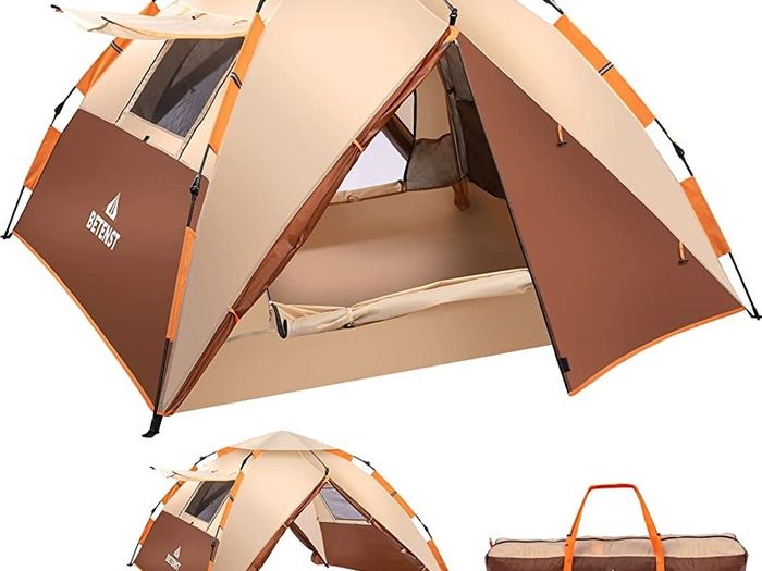 Camping Tent, Pop up Tent 4 Person Family Dome Tent Waterproof Windproof with 2 Mesh Doors, 2 Mesh Windows, Roof Skylights, 2 in 1 Double Layers, Storage Bag for Camping Hiking Backpacking (FREE POSTAGE)