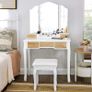 Dressing Table with Folding Mirror and 5 Drawers, Cosmetic Table with Removable Makeup Organiser, Dressing Table with Solid Wood Legs, with Stool, White Natural Image 2