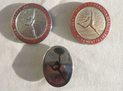 WOMENS LEAGUE OF HEALTH & BEAUTY (fitness culture) - three vintage membership badges (1930s to 1950s)