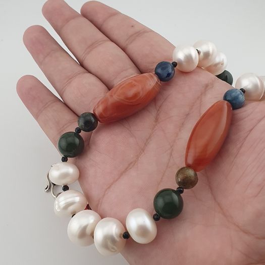 Authentic Freshwater Pearl Necklace with African Carnelian & Jade Beads