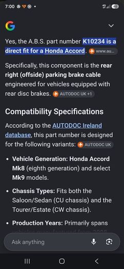 Honda Accord Hand Brake Cables