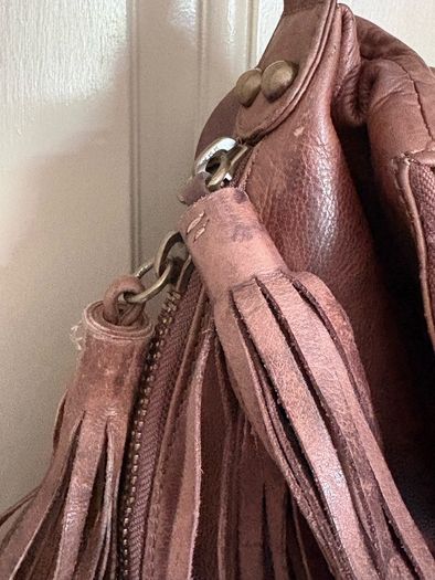 All saints distressed genuine leather Spitalfields multi tassel adjustable bag
