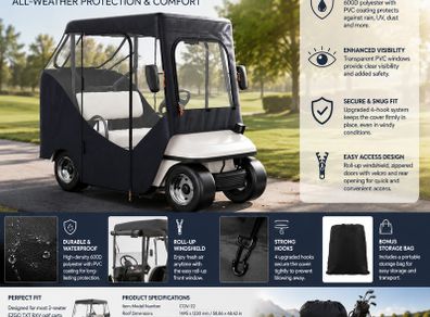 2 Passenger Golf Cart Cover Waterproof Driving Enclosure 600D Polyester