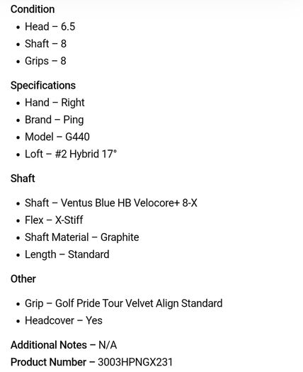Ping G440 Hybrid / #2 17 Degree / Ventus Blue HB Velocore+ 8-X X-Stiff