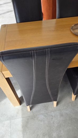 220cm Solid Oak Dining Table & 6 Dark Leather Chairs