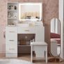 Dressing Table with Mirror and Stool: Vanity Desk with Mirror and Drawers, Open Shelves, White Vanity Dressing Table for Bedroom with Led Light, 3 Color Light & Adjustable Brightness Image 7