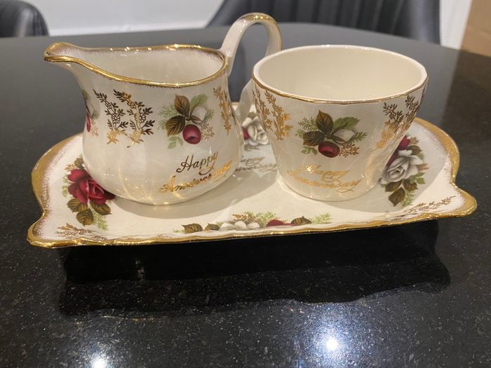 Old  H Aynsley and Co Happy Anniversary trio  tray jug and sugar bowl
