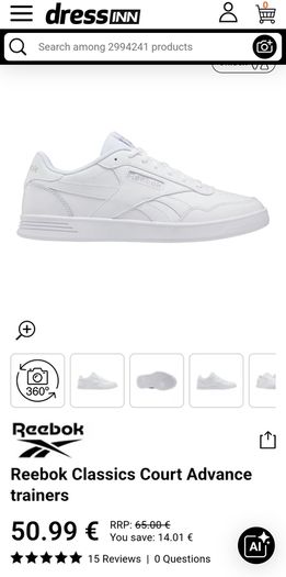 Brand New Reebok Court Advance White mens trainers size 8.5