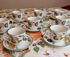 Set of 8 Vintage Staffordshire Tableware England Cups & Saucers  Plum / Fruit Pattern , Autumnal style
