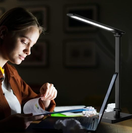 Desk Lamp Eye-Caring LED Table Lamp Dimmable Bedside Lamp with 2 USB Charging Ports and 10 Brightness Levels x 5 Colour Modes Touch Control Daylight Lamp for Office, Bedside, Reading- Auto Timer