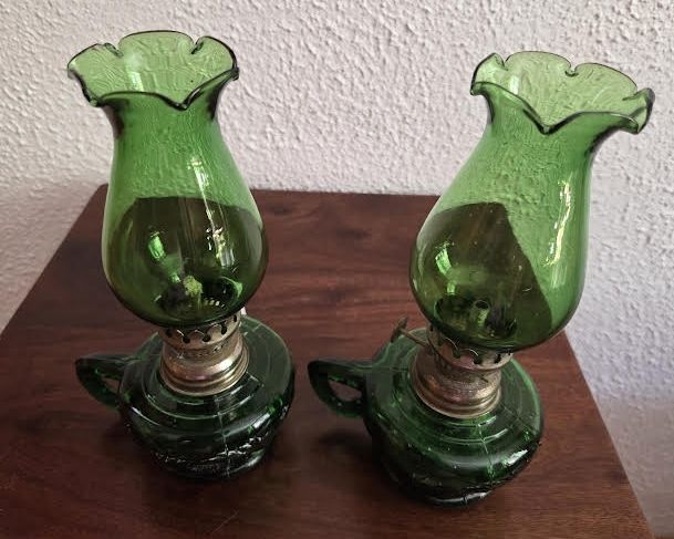 Pair Small Early Vintage Emerald Green Oil Lamps