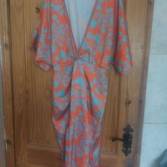 Orange and turquoise floral wrap dress (free post)
