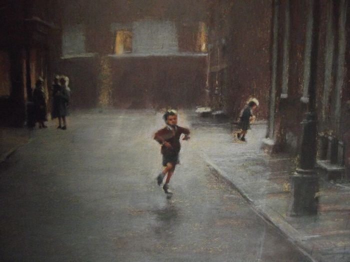 Marc Grimshaw - Original Pastel of - Children In A Rainy Street - Signed
