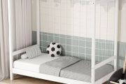 Childrens Football Goal Bed 80 by160 cm White Pine, Wooden Frame with Net and Slatted Base, Solid Toddler Soccer Furniture, Sports Theme Single Structure for Boys Girls Bedroom Decoration