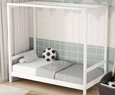 Childrens Football Goal Bed 80 by160 cm White Pine, Wooden Frame with Net and Slatted Base, Solid Toddler Soccer Furniture, Sports Theme Single Structure for Boys Girls Bedroom Decoration