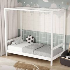 Childrens Football Goal Bed 80 by160 cm White Pine, Wooden Frame with Net and Slatted Base, Solid Toddler Soccer Furniture, Sports Theme Single Structure for Boys Girls Bedroom Decoration