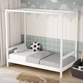 Childrens Football Goal Bed 80 by160 cm White Pine, Wooden Frame with Net and Slatted Base, Solid Toddler Soccer Furniture, Sports Theme Single Structure for Boys Girls Bedroom Decoration