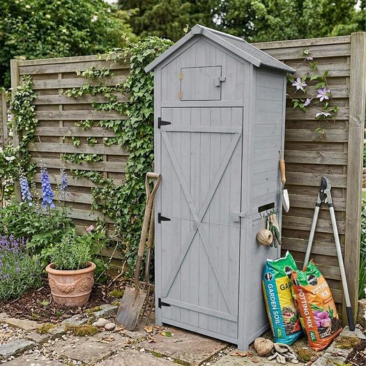 Wooden Garden Storage Shed  Tall Outdoor Tool Cabinet with Shelves & Folding Table