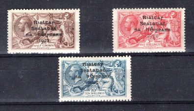 1922 Ireland 4-line Overprint Stamps printed by Dollard High Value Set (2s6d choc, brown, 5s rose red & 10s grey-blue) in Black  Mounted Mint