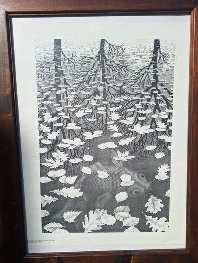 Large Framed M.C. Escher Three Worlds Vintage Print Custom Artisan Wood Frame 63.5cm x 83.4cm