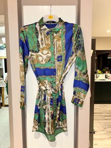 Misspap green,white,blue and gold silk like shirt dress